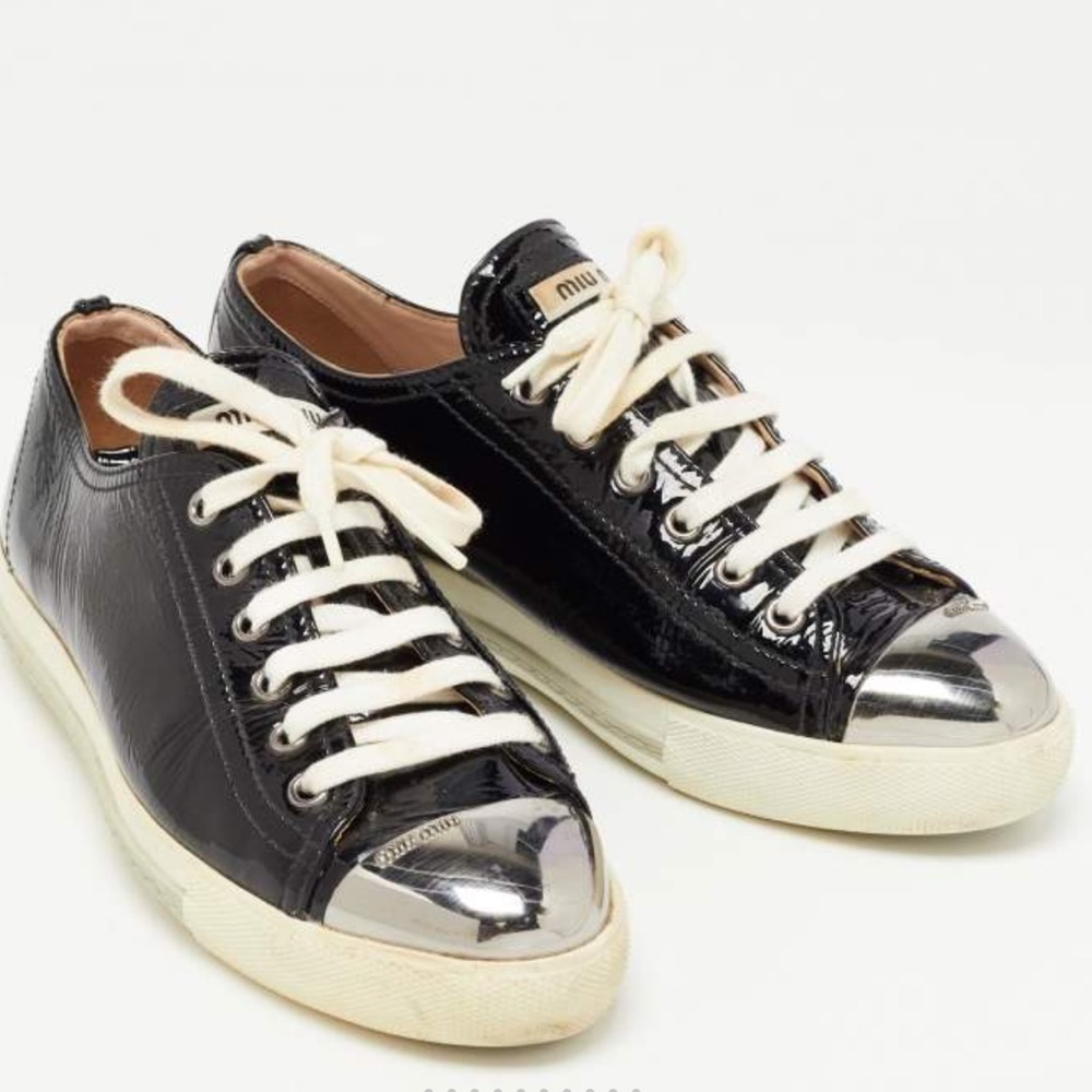 Miu Miu Leather Metal Cap Toe Sneakers Lace Up Low Top Black Patent Shoes 39 9